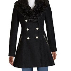 Guess Black Double-Breasted Pea Coat with Faux Fur Collar